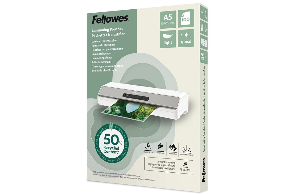 Fellowes Film laminé A5, 80 µm, 100 Pièce/s, brillant